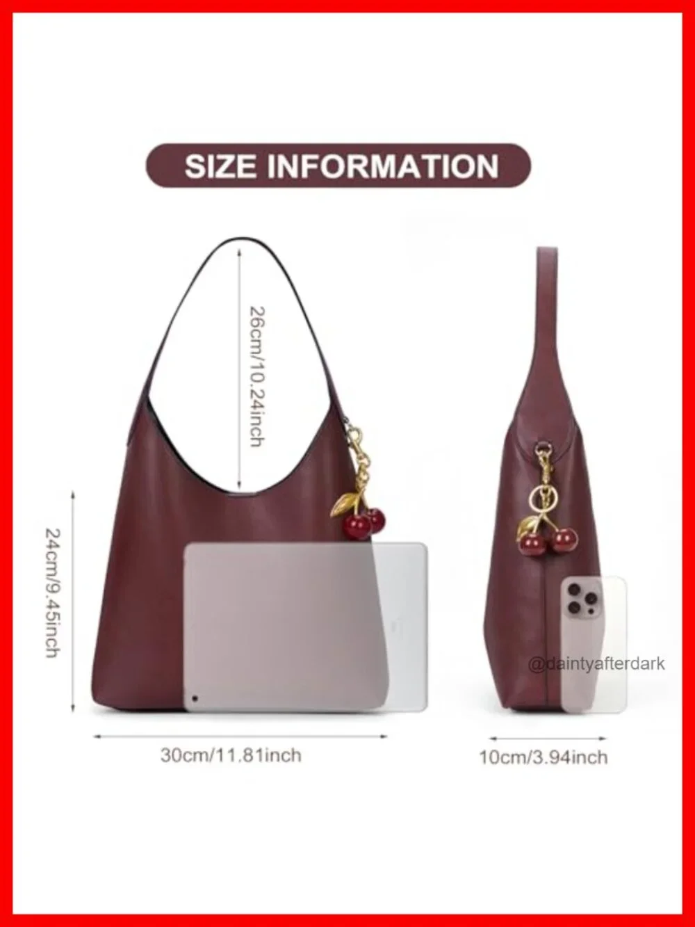 Faux Suede Hobo Bag Vegan Leather Shoulder Tote with Cherry Charm Slouchy